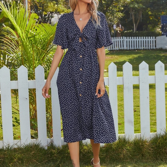 Boho Polka Dot Button Front Tie Midi Dress Pink - Picture 9 of 14